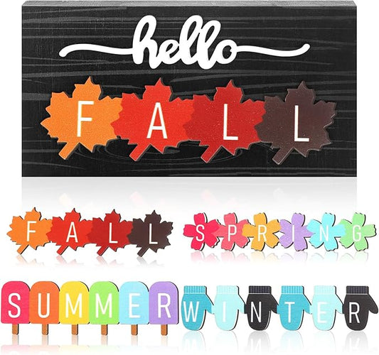 Roowest 5 Pcs Hello Fall Sign Interchangeable Seasonal Sign Spring Summer Winter Tiered Tray Decor 5.9 x 3 Inch Wooden 4 Seasons Farmhouse Table Centerpiece Decoration for Home Shelf Office(Basic)