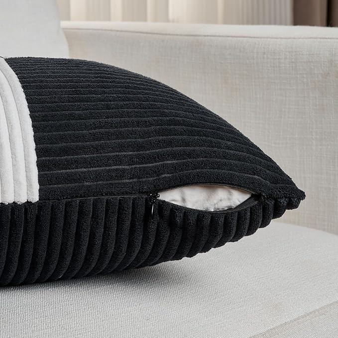 Fancy Homi Set of 4 Black and White Samll Decorative Throw Pillow Covers 18x18 Inch with for Couch Bed Sofa Living Room, Soft Cross Patchwork Striped Corduroy Modern Square Cushion Case 45x45 cm