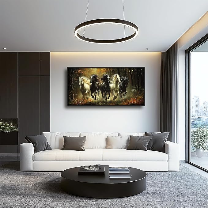 Olivine Horse Wall Art, Running Horses Pictures Wall Decor, Black And White Horse Paintings, Forest Landscape Canvas Prints, Framed Artwork for Bathroom Bedroom Living Room Office Home 60"x30"