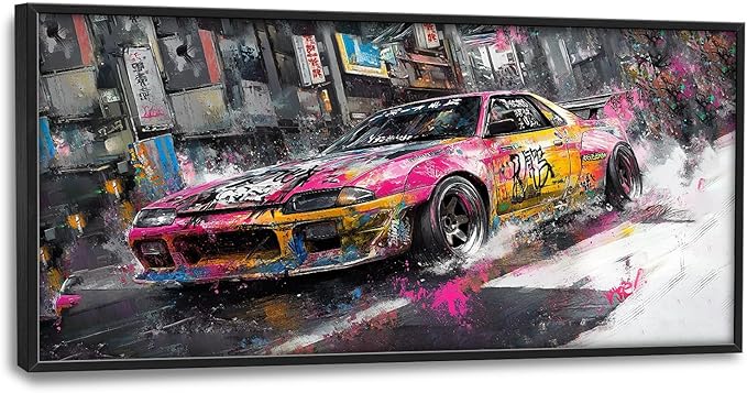 Flintis Large Japanese Graffiti Car Framed Wall Art Racing Car Pictures Wall Decor Abstract Street Racing Canvas Painting Print Artworks Framed for Living Room Bathroom Master Bedroom 60L X 30W