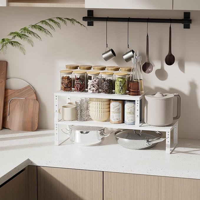 Expandable Spice Rack & Kitchen Cabinet Organizer - Stackable, Adjustable Shelves for Cabinets, Countertops, Cupboards & Pantries(3 Packs/Large/White)