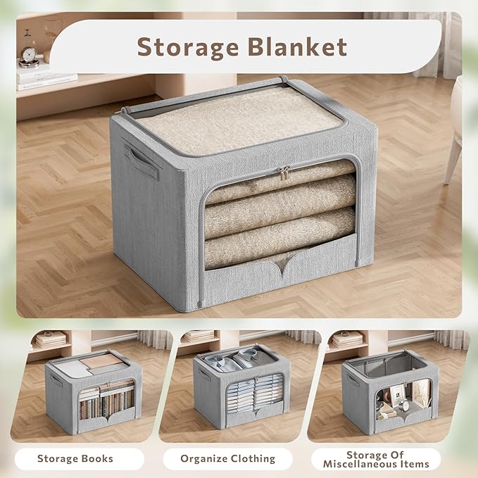 3 Pack Clothes Storage Bins - Foldable Metal Frame Storage Box - Stackable Linen Fabric Container Organizer Set with Carrying Handles and Clear Window (Light Gray, 15.7x11.8x7.8inch(22L))