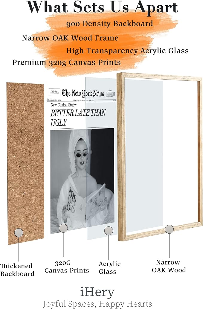 iHery Natural OAK Wood Trendy Retro Newspaper Headline Framed Wall Art, 12x16 in Better Late Than Ugly Poster Vintage Canvas Print, Beige Frame Logs Preppy Funky Bathroom Décor Living Room Set of 1