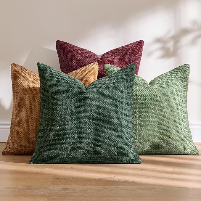 MIULEE Christmas Pack of 4 Couch Throw Pillow Covers 18x18 Inch Christmas Dark Green Soft Decorative Chenille Pillow Covers Farmhouse Accent Cushion Cover for Boho Home Decor Sofa Bedroom Living Room