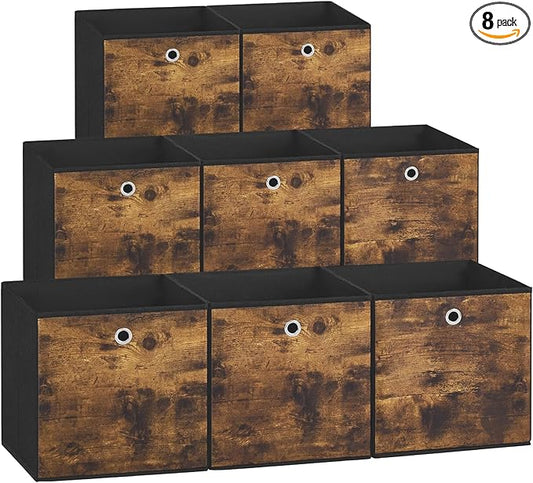 SONGMICS Storage Cubes, Set of 8 Storage Bins, Foldable Fabric Storage Boxes, 10.2 x 10.2 x 11 Inches, Fit Cube Storage Unit, for Clothes, Bedroom, Living Room, Rustic Brown and Ink Black URFB826B01