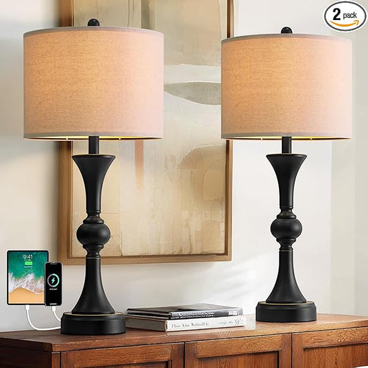 Table Lamps Set of 2, 28" Tall Bedside Table Lamp for Living Room, Bedroom, End Table Lamps with USB A+C Charging Ports, Modern Nightstand Lamps, Matte Black Finish, Farmhouse