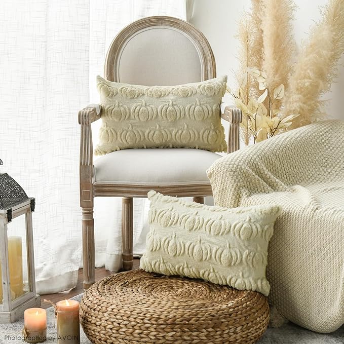 AVOIN colorlife Fall Pumpkin Beige Throw Pillow Covers, 12 x 20 Inch Seasonal Autumn Thanksgiving Harvest Decoration Soft Plush Faux Fur Jacquard Cushion Case Decoration for Sofa Couch Set of 2