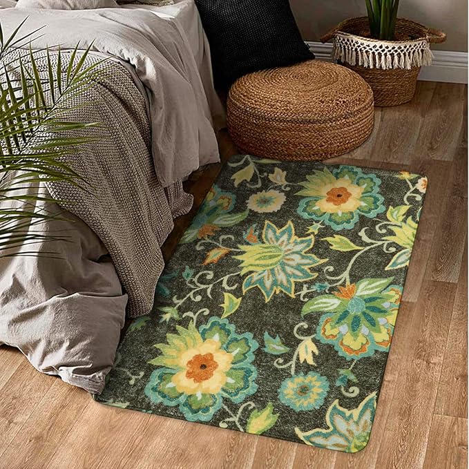 Lahome Collection Modern Floral Washable Area Rug - 2'x3' Green Small Entry Rug Accent Distressed Non-Slip Throw Floor Carpet for Door Mat Entryway Bedroom Living Laundry Room Kitchen