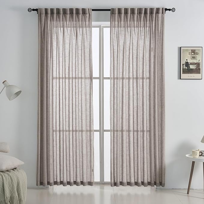 Dark Taupe Pinch Pleated Linen Sheer Curtains 90 Inch Custom Long 2 Panels, Brown Light Filtering Drapes for Living Room Dining, Sliding Glass Door Curtain with Rings & Hooks & Back Tab