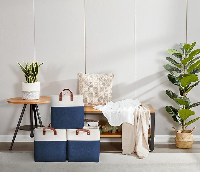 DECOMOMO Fabric Storage Basket Large Closet Storage Bins for Toys Nursery & Laundry Storage (Navy Blue & White, XXL - 3 Pack)