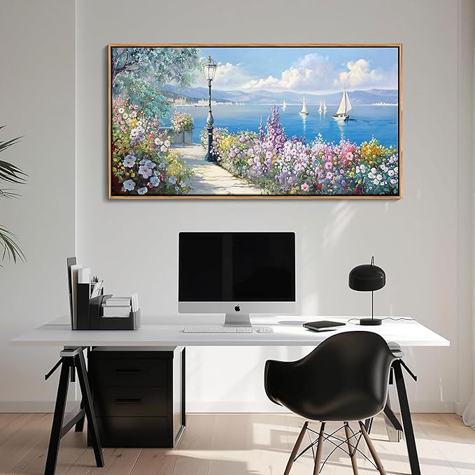 Blue Coastal Wall Art Ocean Canvas Flowers Painting Landscape Sailboat Picture White Yellow Artwork Modern Seascape Large Framed for Living Room Bedroom Home Office Decor Size 24x48 Inches