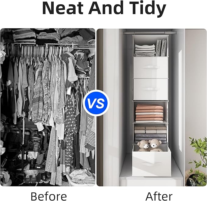 Twira 6-Shelf Hanging Closet Organizer, 2 Separable 3-Shelf Hanging Shelves, Hanging Storage with 3 Removable Drawers 4 Side Pockets, Storage Organizer for Closet, Nursery (White)