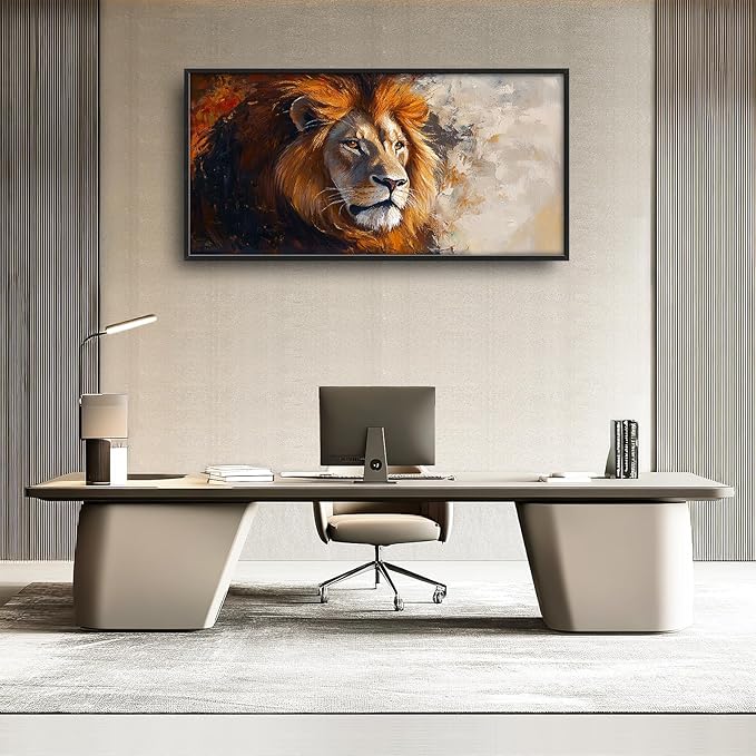 Lion Framed Wall Art for Living Room, Large Brown Lion Canvas Wall Decor, Wild Animal Pictures Painting, Modern Artwork for Bathroom Bedroom Office 60L'' × 30W''