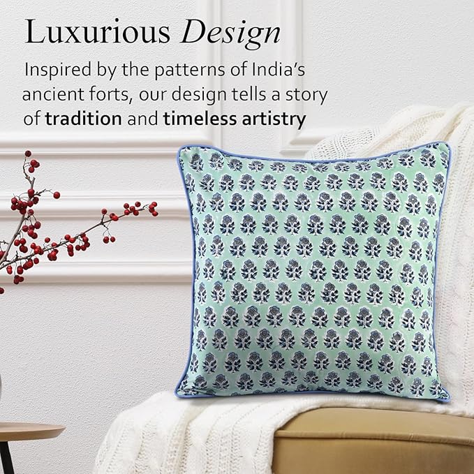 CPC 100% Cotton Throw Pillow Covers 18x18 Inch, Set of 2 Blue Block Print Pattern Couch Pillow, Cute Boho Decorative Pillows for Living Room, Bedroom with Hidden Zipper- Poppy Blue