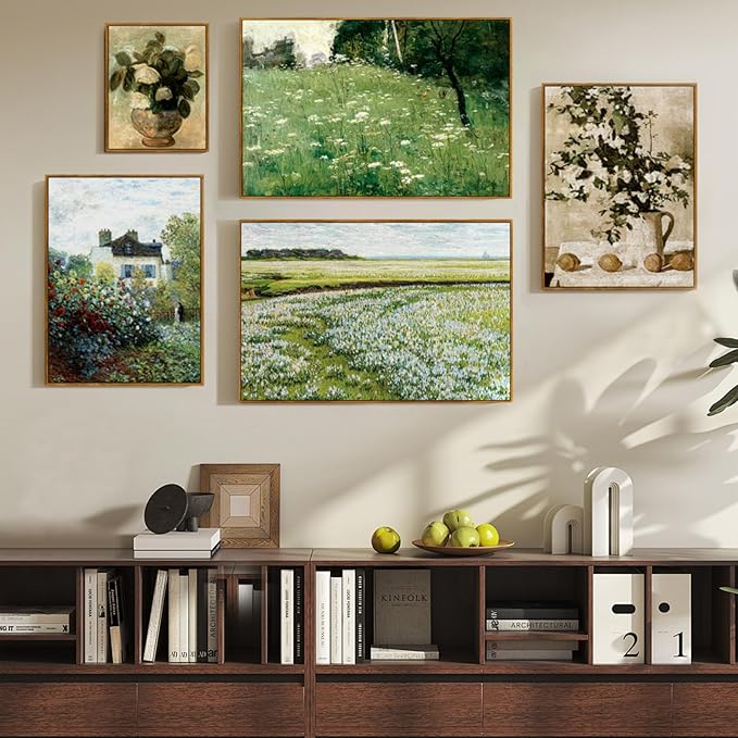 crmotu Vintage Framed Wall Art, Meadow Wildflower Landscape Canvas Painting, Nature Outdoor Scenery Art Prints, Rustic Aesthetic Wall Pictures for Living Room Bathroom Bedroom Farmhouse Decor 20x30in