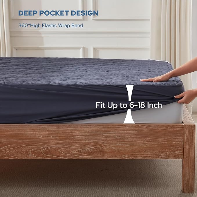 BEDLORE Waterproof Mattress Protector, Cal King Size Mattress Pad with Deep Pocket 6"-18" Depth, Soft Dirt-Proof Double Bed Mattress Cover for Bedroom, College Dorm, Hotel (Navy Blue)