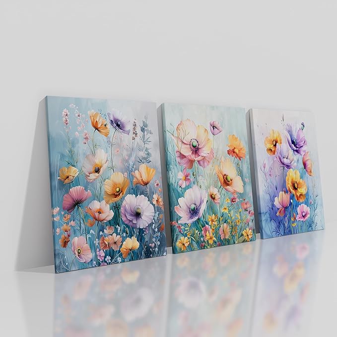 Colorful Floral Poster Wall Art 3 Pieces Abstract Farmhouse Botanical Wildflower Daisy Wooden Framed Print on Canvas Painting Artwork for Living Room Gym Hotel Office Ready to Hang [60''W x 28''H]