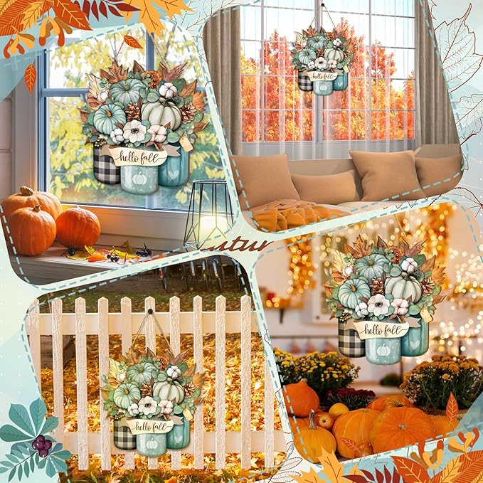 Boao Blue Hello Fall Door Decorations for Home Thanksgiving Decor Pumpkin Plaid Hanging Sign Wooden Front Door Hanger for Autumn Harvest Thanksgiving Porch Indoor Outdoor Home Decorations