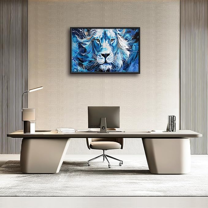 Framed Large Wall Art for Living Room, Lion Canvas Wall Decor, Blue Animal Pictures Painting, Modern Landscape Artwork for Bedroom Office 36L'' × 24W''