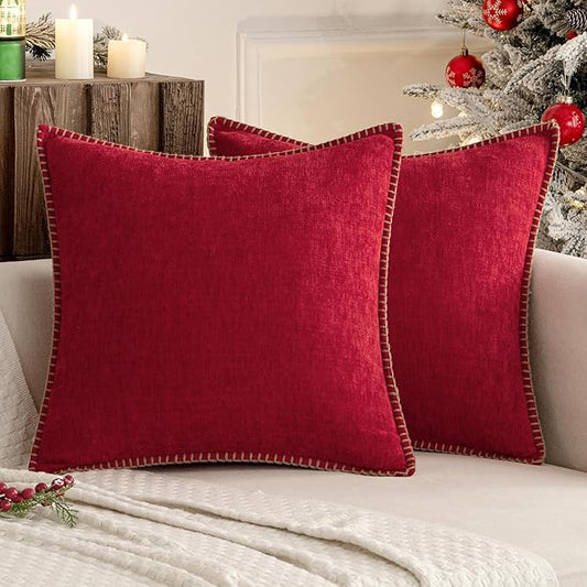 MIULEE Pack of 2 Christmas Pillow Covers 20x20 Inch Red Farmhouse Decorative Throw Pillow Covers with Stitched Edge Soft Chenille Solid Dyed Couch Pillow Covers for Sofa Bed Living Room