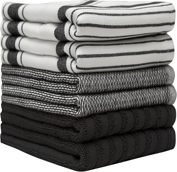 Premium Kitchen Towels 20”x 28”- 6 Pack | Large Cotton Kitchen Towels | Hand Towels for Kitchen | Flat & Terry Towel | Dish Towels | Highly Absorbent Tea Towel with Hanging Loop | Black Striped