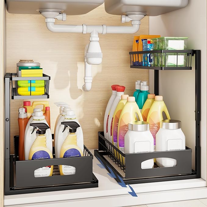 Under Sink Organizer, 2 Pack Height Adjustable Cabinet Organizer with Slide Out Drawer, Pull Out Under Sink Storage, Multi-Purpose 2 Tier Sink Shelves for Kitchen Bathroom Pantry (Black, 2 Pack)