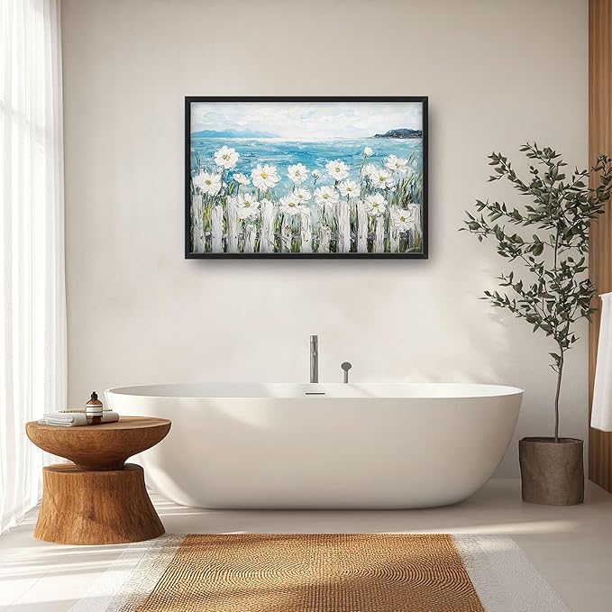 Large Coastal Ocean Wall Art for Living Room, Coastline Beach Flower Oversized Wall Decor Pictures, Nature Seascape Framed Canvas Print Painting, Modern Artwork for Bedroom Office Home Decor 36"x24"