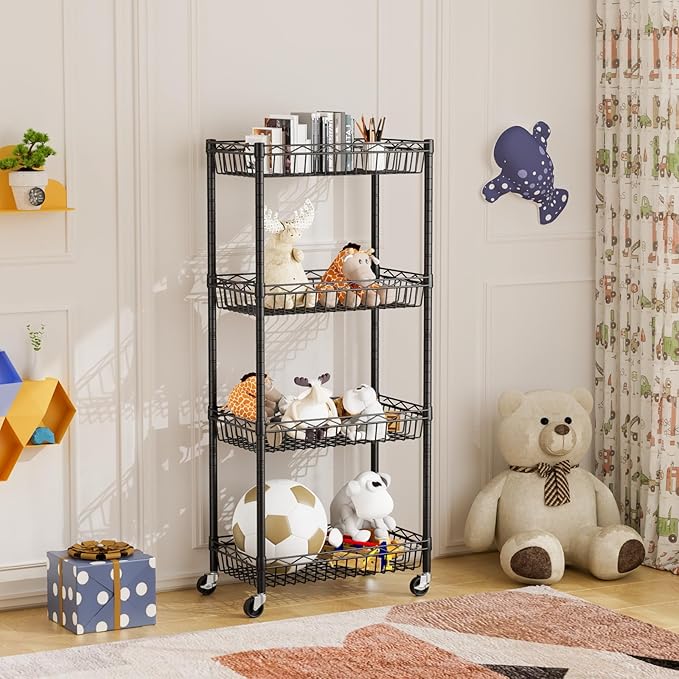 4 Tier Shelf Wire Shelving Unit Adjustable Storage Shelves Big Basket Rack Standing Units for Kitchen Closet Laundry Bathroom Organizers Metal Pantry Mesh 10" D x 16" W x 55" H Black