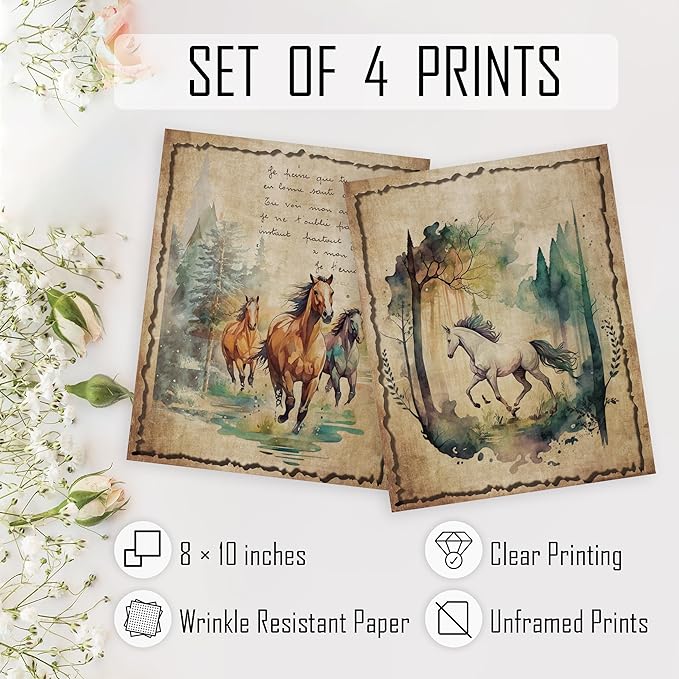 HRQKO Vintage Retro Horse Wall Art Poster Prints Set of 4, Watercolor Wildlife Animals Horse Pictures Printing Posters Wall Decor, Colorful Woodland Prints for Bathroom Living Room 8”x10” Unframed