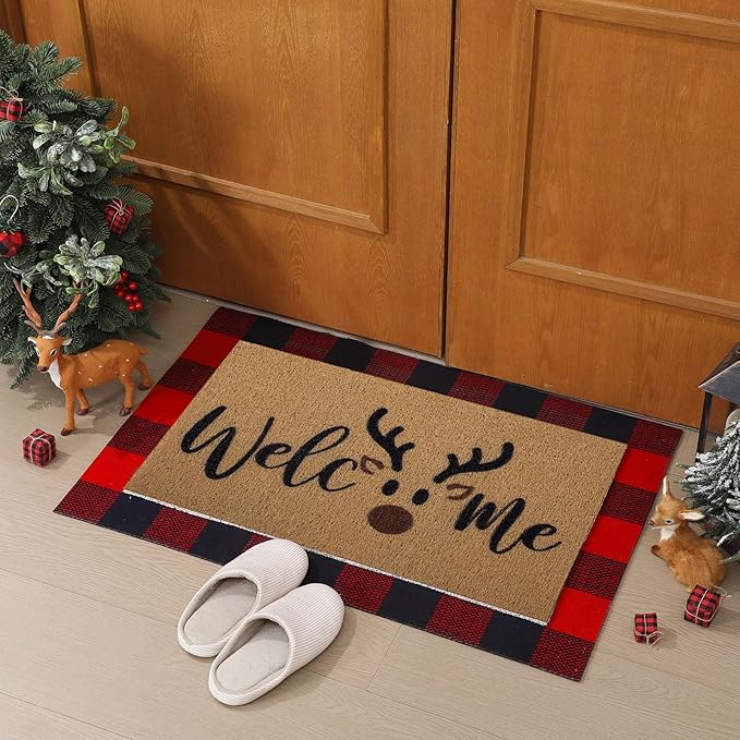 2 Pcs Christmas Door Mat Brown Elk Welcome Non Slip Coir Mats Merry Xmas Black Red Buffalo Plaid Floor Layering Doormats Seasonal for Front Porch Entryway Decor(Brown Elk)