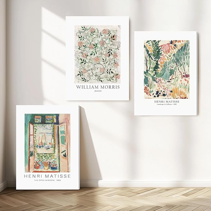 WRFON Sage Green Botanical Wall Art, Vintage Matisse Flower Market Wall Decor, Retro William Morris Floral Canvas Painting Prints for Gallery Wall, Living Room Bedroom Framed 12"x16"x3