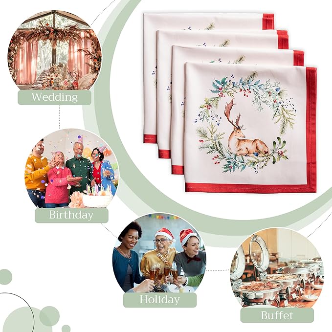 Maison d' Hermine Cloth Napkins Set of 4 100% Cotton Everyday Reusable Square Napkins Cloth Washable, Dinner, Party, Wedding, Restaurant (Holly Time, 20" x 20")