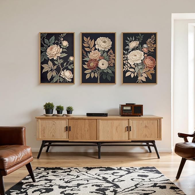 HOURIA Large Moody Dark Flower Framed Canvas Wall Art,Retro Beige Red Peony Wall Decor,Vintage Textured Blossom Botanical Artwork,Natural Wildflower Art Print for Living Room,Bedroom,Office-24 x36 x3