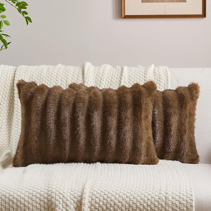 FUTEI Brown Decorative Throw Pillow Covers 12x20 Inch Set of 2,Soft Fluffy Faux Mink Fur Dyeing Striped Textured Lumbar Pillow Case,Modern Home Decor for Couch Bed Living Room