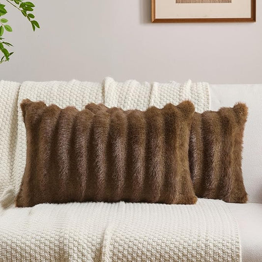 FUTEI Brown Decorative Throw Pillow Covers 12x20 Inch Set of 2,Soft Fluffy Faux Mink Fur Dyeing Striped Textured Lumbar Pillow Case,Modern Home Decor for Couch Bed Living Room