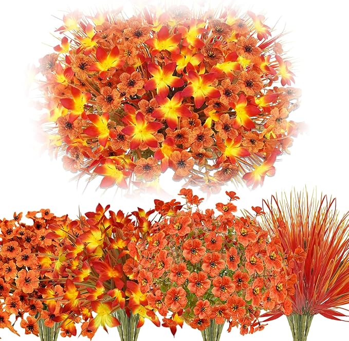 24 Pcs Fake Fall Flowers for Outdoors UV Resistant Artificial Fall Flowers Faux Fall Plants Decorations for Outside Home Porch Planter Patio Window Box Fall Decor