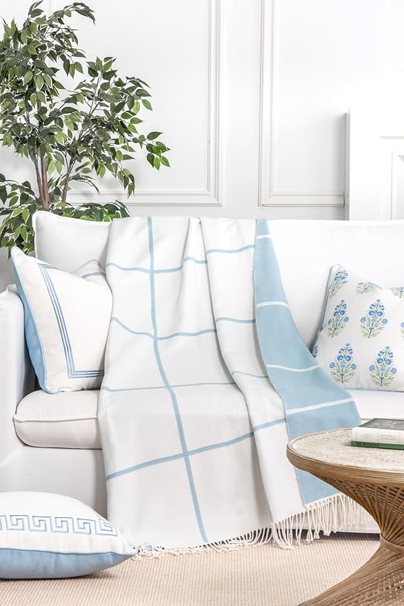 Hofdeco Premium Coastal Decorative Throw Blanket for Patio Couch Sofa, Baby Blue Plaid with Fringe, 52"x71"