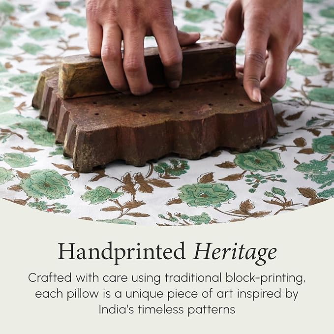 CPC 100% Cotton Throw Pillow Covers 20x20 Inch, Set of 2 Green Block Print Pattern Couch Pillow, Cute Boho Decorative Pillows for Living Room, Bedroom with Hidden Zipper- Moss Green