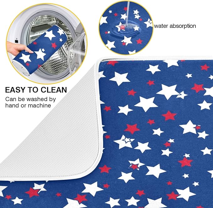 USA Patriotic Stars Memorial Dish Drying Mat 16 X 18 Inch Red Blue White Independence Day Dry Dishes Pads Tableware Mats Protector for Kitchen Countertops Counter Home Decorations