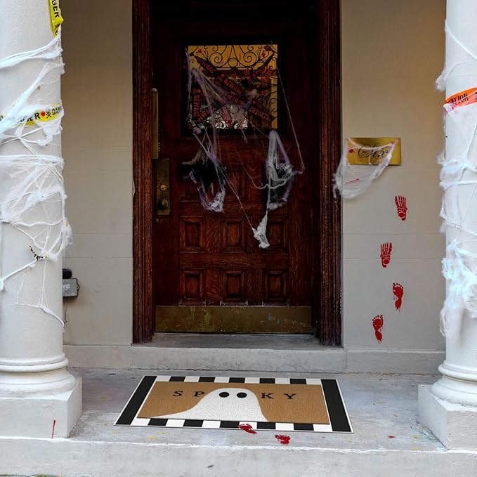 2 Pcs Halloween Doormat Spooky Ghost Outdoor Welcome Mats for Front Door Non Slip Ghost Coir Floor Mat Black White Stripe Halloween Rug for Outside Front Porch Entryway Decor