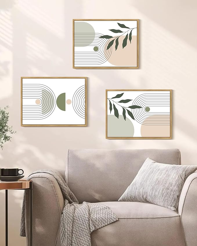 KUVIOKE Boho Green Sage Neutral Wall Art Framed Bohemain Botanical Geometric Modern Wall Decor Ready to Hang 12x16in (Natural Framed)