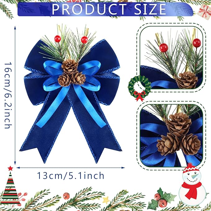 Syhood 6 Pcs Christmas Bows with Pine Cones Pine Needles Xmas Blue Velvet Bows Blue Velvet Ribbon Christmas Tree Wreath Decoration for Xmas Parties Indoor Outdoor Crafts DIY Decor