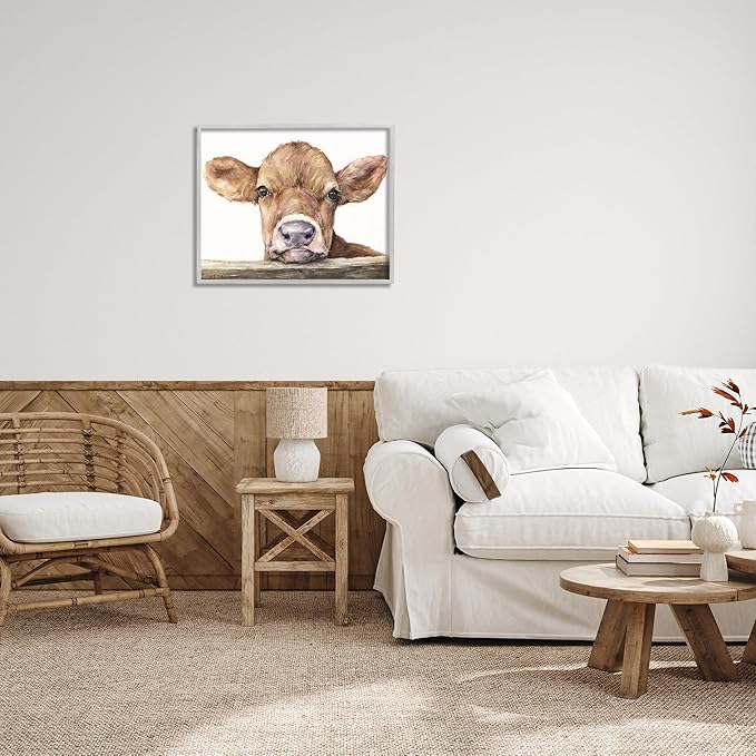 Stupell Industries Cute Baby Cow Animal Watercolor Painting Framed Giclee Art Design by George Dyachenko