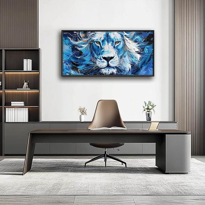 Framed Large Wall Art for Living Room, Lion Canvas Wall Decor, Blue Animal Pictures Painting, Modern Landscape Artwork for Bedroom Office 60L'' × 30W''