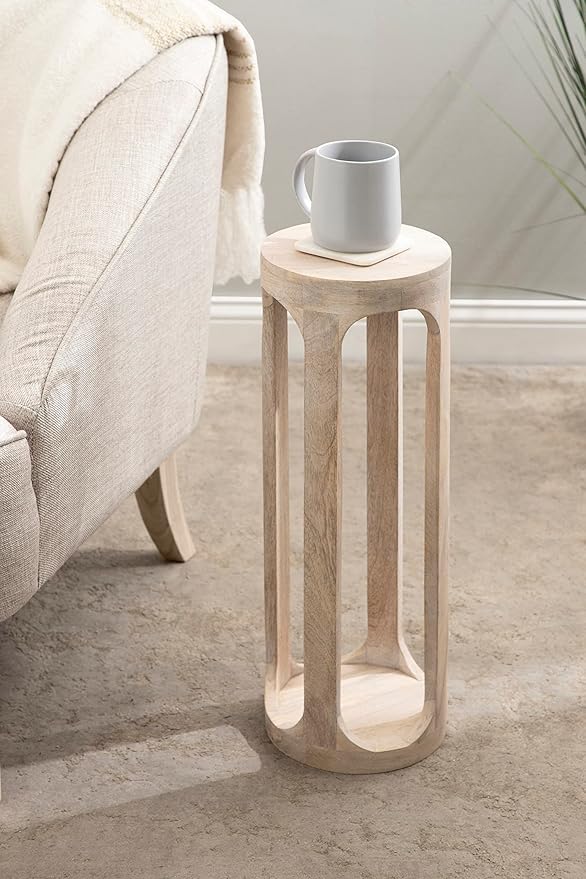 Kate and Laurel Dahl Coastal Wooden Round Drink Table; 8 x 23; Whitewash; Boho Circle Wood Accent Pedestal Table for Living Room Plant Stand or Small Bedroom Nightstand