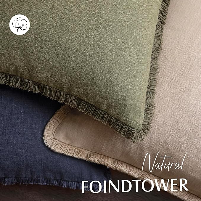 Foindtower Set of 2 Decorative Linen Fringe Throw Pillow Covers Boho Farmhouse Cushion Cover with Tassels Soft Accent Pillowcase for Couch Chair Sofa Bed Living Room Home Decor,20×20 Inch,Tan Beige