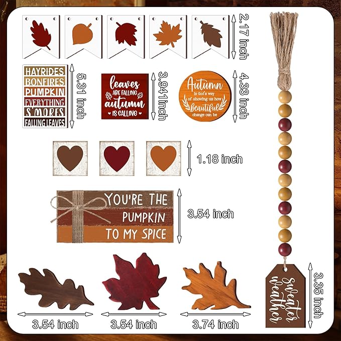 19 Pcs Retro Fall Tiered Tray Decor Autumn Farmhouse Home Decorations Set Fall Wood Tray Decor Autumn Thanksgiving Day Decorative Sign for Tabletop Kitchen Office Decorations