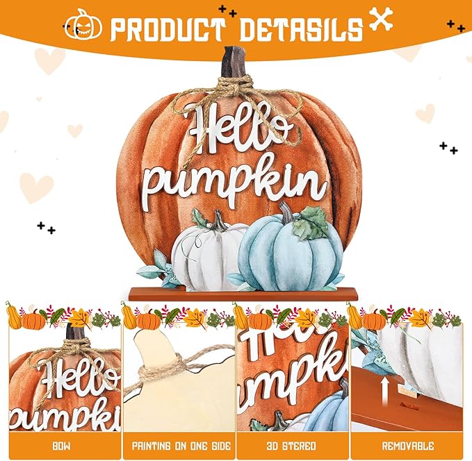 Soaoo Fall Decoration Wooden Fall Hello Pumpkin Sign Autumn Pumpkin Table Decor 11 Inch Wooden Autumn Desktop Ornament for Farmhouse Home Living Room Harvest Day Thanksgiving Decor(Orange,Warm)