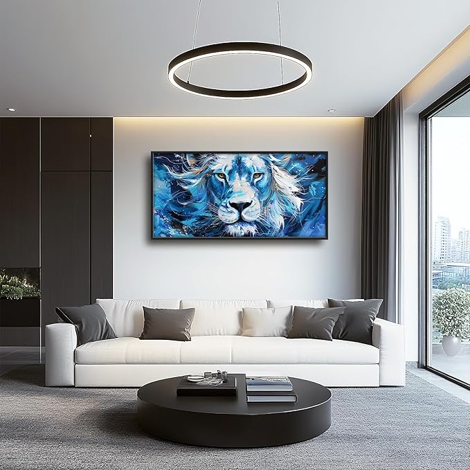 Framed Large Wall Art for Living Room, Lion Canvas Wall Decor, Blue Animal Pictures Painting, Modern Landscape Artwork for Bedroom Office 60L'' × 30W''