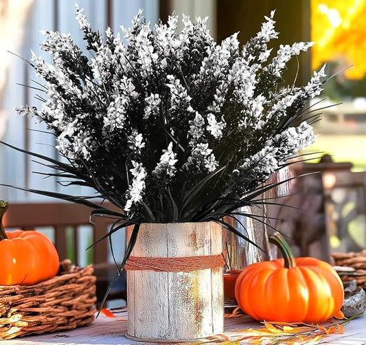 N&T NIETING 6 Bundles Black Artificial Flowers, Fake Monkey Grass with Flowers, UV Resistant Fake Plants Halloween Black Flowers Decor for Party Front Porch Home Garden Patio